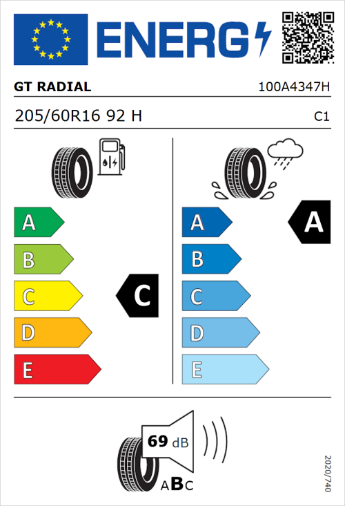 Tyre Label for GT Radial FE2 205/60R16 92H