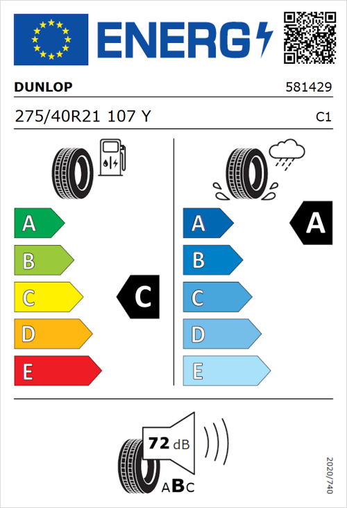 Tyre Label for Dunlop Sportmaxx RT 2 SUV 275/40R21 107Y