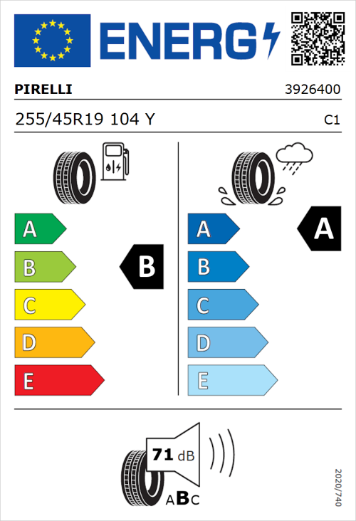 Tyre Label for Pirelli Powergy 255/45R19 104Y