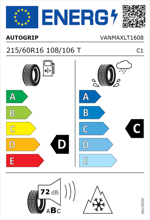 Tyre Label for Autogrip Vanmax 215/60R16 108/106T
